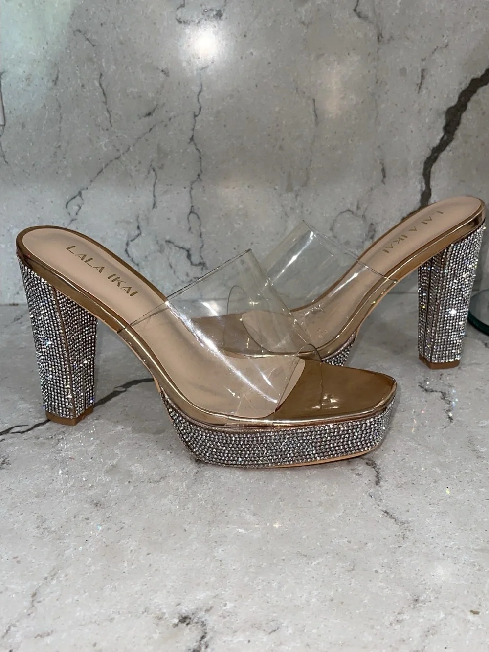 Laila Ikai Rose Gold Crystal Platform Heels with Clear Straps